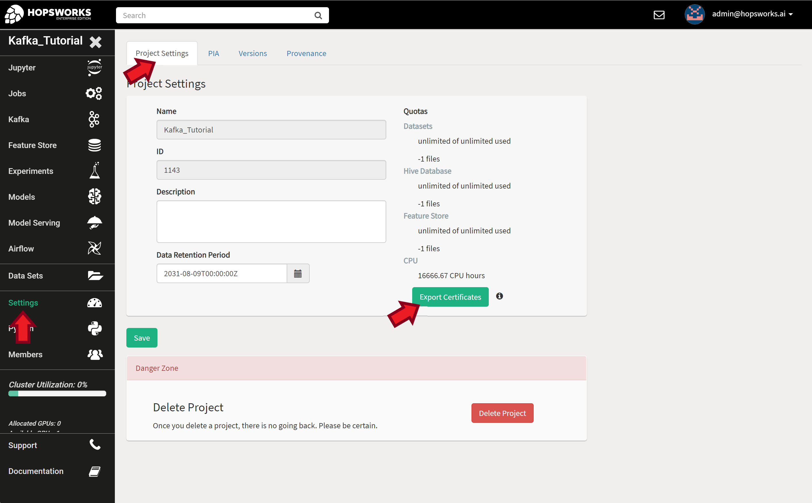 Project settings page